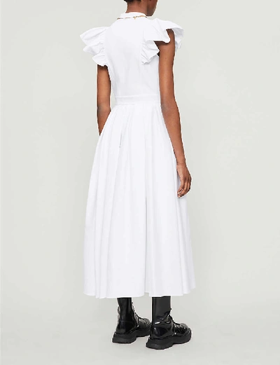 Shop Alexander Mcqueen Frilled-sleeve Cotton Midi Dress In Optical+white