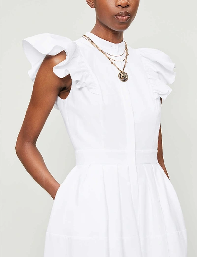 Shop Alexander Mcqueen Frilled-sleeve Cotton Midi Dress In Optical+white