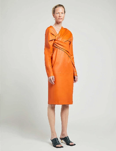 Shop Bottega Veneta Puffed-sleeve Ruched-twist Leather Midi Dress In Copper
