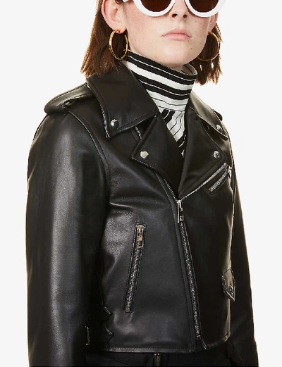 Shop Loewe Cropped V-neck Leather Biker Jacket