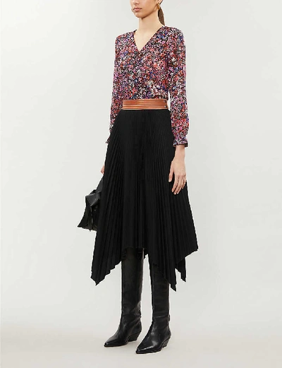 Shop Maje Lehane Silk Floral Blouse In Black+pink