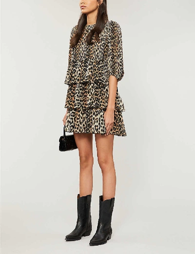 Shop Ganni Leopard-print Georgette Mini Dress