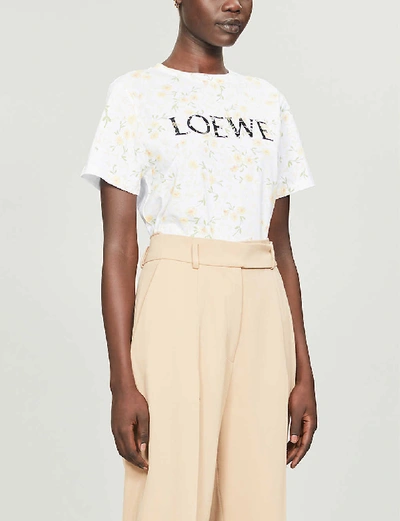 Shop Loewe Branded Floral-print Cotton-jersey T-shirt In White/yellow