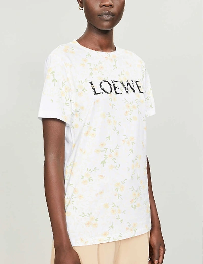 Shop Loewe Branded Floral-print Cotton-jersey T-shirt In White/yellow