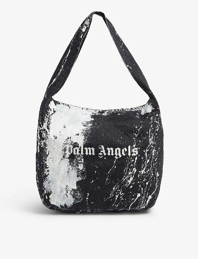 Shop Palm Angels Logo-print Splattered Denim Shoulder Bag