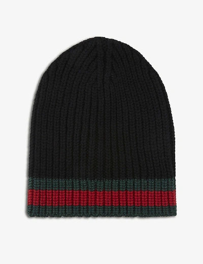 Shop Gucci Striped Knitted Wool Beanie In Black