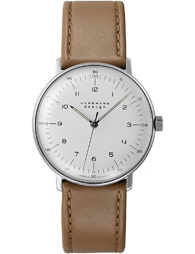 Shop Junghans Mens Silver 27/3701.04 Max Bill Stainless And Leather Watch