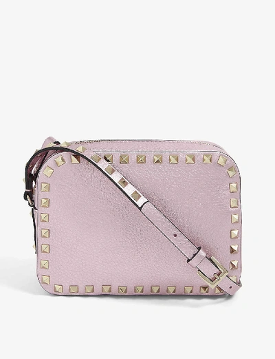 Shop Valentino Rockstud Leather Cross-body Camera Bag In Metallic Pink