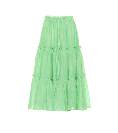 Shop Lisa Marie Fernandez Ruffled Linen Midi Skirt In Green
