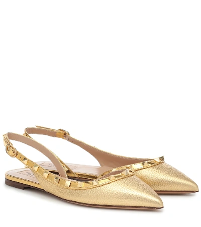 Shop Valentino Rockstud Leather Slingback Flats In Gold