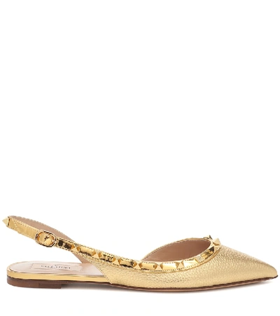 Shop Valentino Rockstud Leather Slingback Flats In Gold