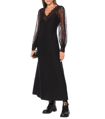 Shop Valentino Lace-trimmed Wool And Silk Midi Dress In Black