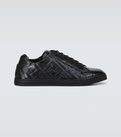Shop Fendi Embossed Leather Sneakers In Black