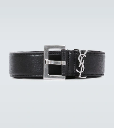Shop Saint Laurent Slim Leather Belt In Black