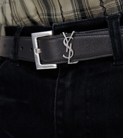 Shop Saint Laurent Slim Leather Belt In Black