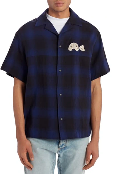 Shop Palm Angels Bear Bowling Shirt In Blue Brown