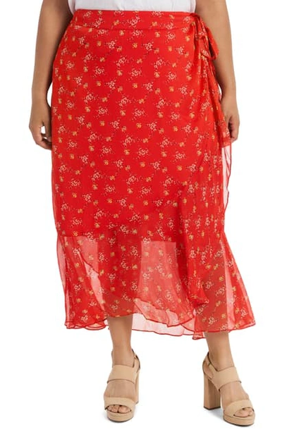Shop Vince Camuto Faux Wrap Ruffle Midi Skirt In Bright Ladybug