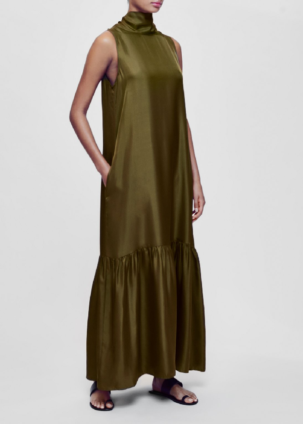 Asceno Oslo Olive Silk Twill Maxi Dress In Green | ModeSens