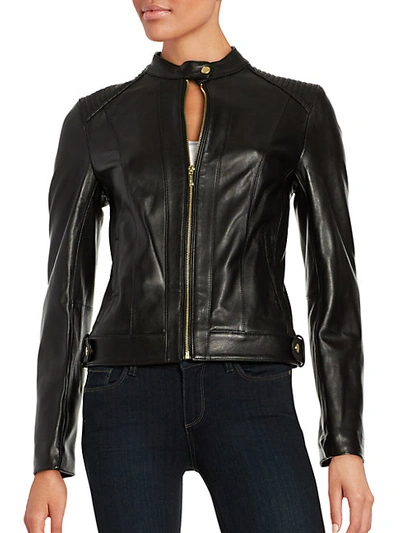 Shop Cole Haan Quilted Italian Leather Jacket In Navy
