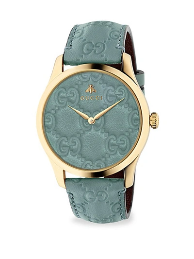 Shop Gucci G-timeless Goldtone Case 38mm Pastel Blue Leather Strap Watch