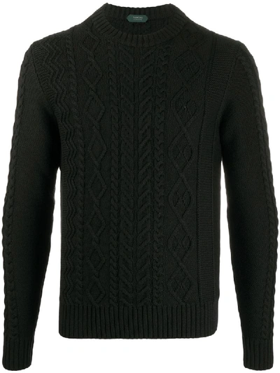 Shop Zanone Crew Neck Cable Knit Sweater In Black