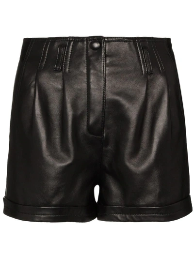 Shop Saint Laurent Pleated Leather Shorts In Black