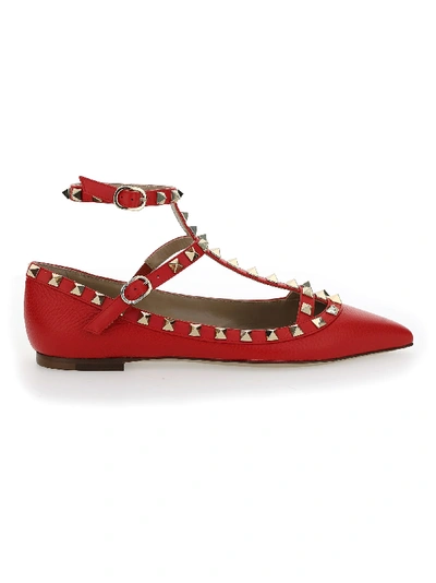 Shop Valentino Rockstud Point-toe Ballerina Flats In Rouge Pur