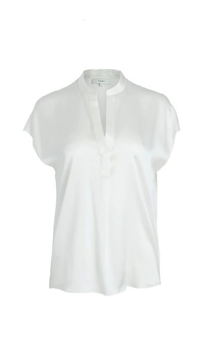 Shop Vince Sleeveless Shirred Back Silk Blouse In Off White