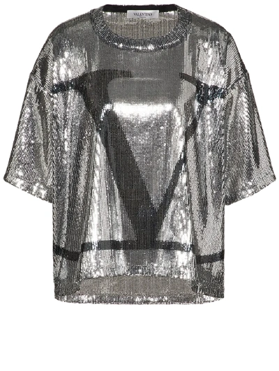 Shop Valentino T-shirt V Logo Sequins In Silver