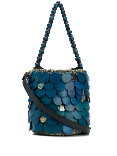 Shop Aranaz Fishscale Bucket Bag In Blue