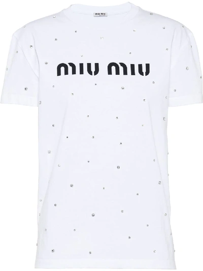Shop Miu Miu Logo Rhinestone T-shirt In White