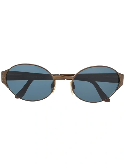 Pre-owned Saint Laurent 2000s Logo-embossed Oval-frame Sunglasses In Black