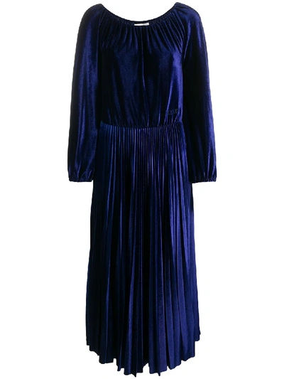 Shop Valentino Pleated Velvet Midi Dress In Blue