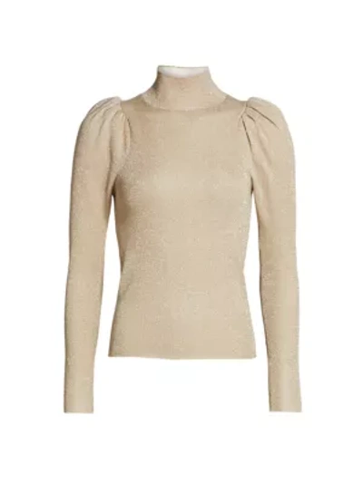 Shop Alice And Olivia Issa Glitter Puff-sleeve Turtleneck Sweater In Champagne Metallic