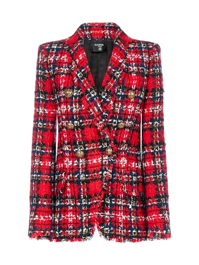 Shop Balmain Tartan Wool-blend Tweed Blazer In Rouge Multico