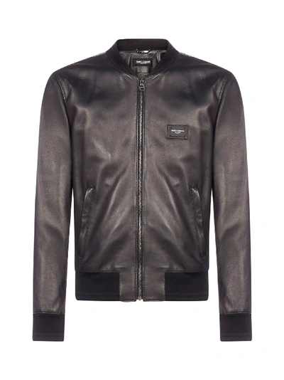 Shop Dolce & Gabbana Logo-plaque Leather Bomber Jacket In Nero
