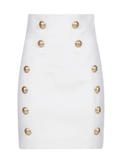 Shop Balmain Cotton Blend Miniskirt With Buttons Embellishment In Blanc