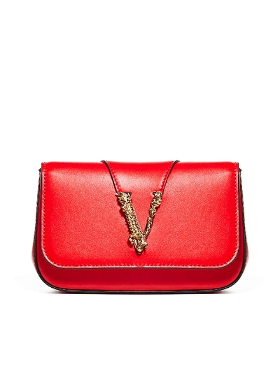 Shop Versace Mini Virtus Leather Bag In Eros Flame Red Oro Tribute
