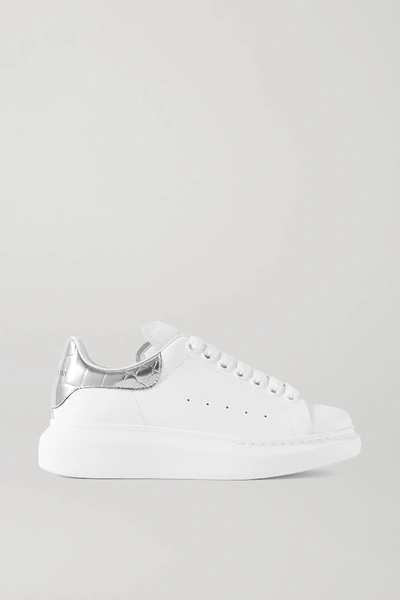 Shop Alexander Mcqueen Metallic-trimmed Leather Exaggerated-sole Sneakers In White