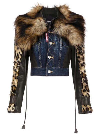 Shop Dsquared2 Leopard-sleeve Cropped Denim Jacket In Blue