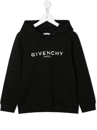 Shop Givenchy Distressed Effect Logo Print Hoodie In Black
