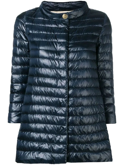 Herno Navy Long Puffer Jacket With High Collar In Blue