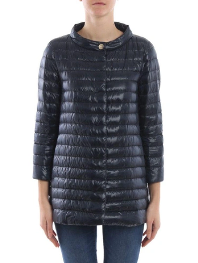Herno Navy Long Puffer Jacket With High Collar In Blue