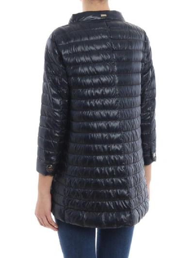 Herno Navy Long Puffer Jacket With High Collar In Blue