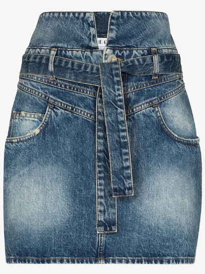 Shop Attico Tie Waist Stonewash Denim Mini Skirt In Blue