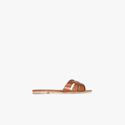 Shop Saint Laurent Brown Pieds Slide Leather Sandals