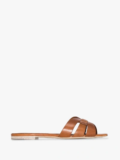Shop Saint Laurent Brown Pieds Slide Leather Sandals