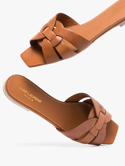 Shop Saint Laurent Brown Pieds Slide Leather Sandals