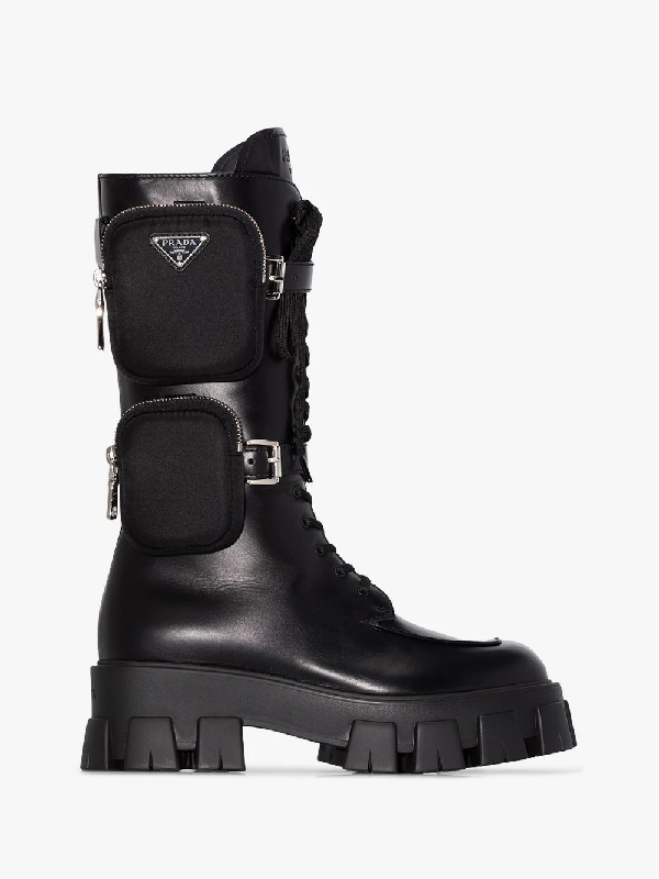 Prada Women's Lug-sole Tall Leather Combat Boots In Black | ModeSens