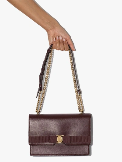 Shop Ferragamo Brown Vara Bow Detail Leather Shoulder Bag